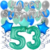 53. Geburtstag Dekorations-Set mit Ballons Happy Birthday Aquamarin, 34 Teile