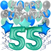 55. Geburtstag Dekorations-Set mit Ballons Happy Birthday Aquamarin, 34 Teile