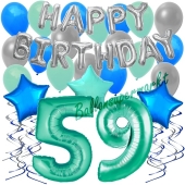 59. Geburtstag Dekorations-Set mit Ballons Happy Birthday Aquamarin, 34 Teile