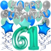 61. Geburtstag Dekorations-Set mit Ballons Happy Birthday Aquamarin, 34 Teile