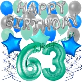 63. Geburtstag Dekorations-Set mit Ballons Happy Birthday Aquamarin, 34 Teile