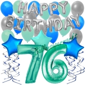 76. Geburtstag Dekorations-Set mit Ballons Happy Birthday Aquamarin, 34 Teile