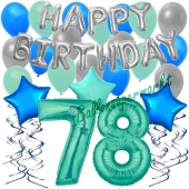 78. Geburtstag Dekorations-Set mit Ballons Happy Birthday Aquamarin, 34 Teile