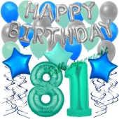 81. Geburtstag Dekorations-Set mit Ballons Happy Birthday Aquamarin, 34 Teile