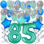 85. Geburtstag Dekorations-Set mit Ballons Happy Birthday Aquamarin, 34 Teile