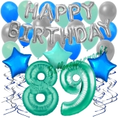 89. Geburtstag Dekorations-Set mit Ballons Happy Birthday Aquamarin, 34 Teile