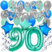 90. Geburtstag Dekorations-Set mit Ballons Happy Birthday Aquamarin, 34 Teile