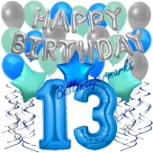 13. Geburtstag Dekorations-Set mit Ballons Happy Birthday Blue, 34 Teile