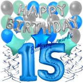 15. Geburtstag Dekorations-Set mit Ballons Happy Birthday Blue, 34 Teile