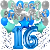 16. Geburtstag Dekorations-Set mit Ballons Happy Birthday Blue, 34 Teile