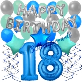 18. Geburtstag Dekorations-Set mit Ballons Happy Birthday Blue, 34 Teile