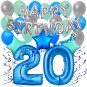 20. Geburtstag Dekorations-Set mit Ballons Happy Birthday Blue, 34 Teile