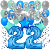 22. Geburtstag Dekorations-Set mit Ballons Happy Birthday Blue, 34 Teile
