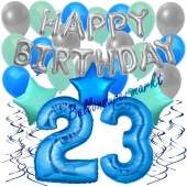 23. Geburtstag Dekorations-Set mit Ballons Happy Birthday Blue, 34 Teile