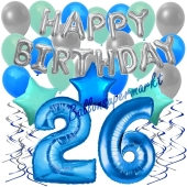 26. Geburtstag Dekorations-Set mit Ballons Happy Birthday Blue, 34 Teile