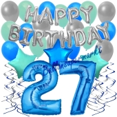 27. Geburtstag Dekorations-Set mit Ballons Happy Birthday Blue, 34 Teile