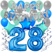 28. Geburtstag Dekorations-Set mit Ballons Happy Birthday Blue, 34 Teile