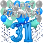 31. Geburtstag Dekorations-Set mit Ballons Happy Birthday Blue, 34 Teile