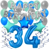 34. Geburtstag Dekorations-Set mit Ballons Happy Birthday Blue, 34 Teile
