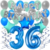 36. Geburtstag Dekorations-Set mit Ballons Happy Birthday Blue, 34 Teile