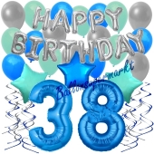 38. Geburtstag Dekorations-Set mit Ballons Happy Birthday Blue, 34 Teile