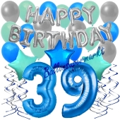 39. Geburtstag Dekorations-Set mit Ballons Happy Birthday Blue, 34 Teile