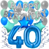 40. Geburtstag Dekorations-Set mit Ballons Happy Birthday Blue, 34 Teile