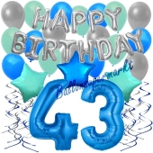43. Geburtstag Dekorations-Set mit Ballons Happy Birthday Blue, 34 Teile