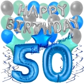 50. Geburtstag Dekorations-Set mit Ballons Happy Birthday Blue, 34 Teile