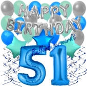 51. Geburtstag Dekorations-Set mit Ballons Happy Birthday Blue, 34 Teile