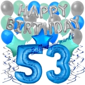53. Geburtstag Dekorations-Set mit Ballons Happy Birthday Blue, 34 Teile