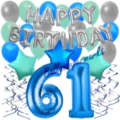 61. Geburtstag Dekorations-Set mit Ballons Happy Birthday Blue, 34 Teile