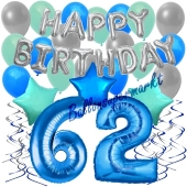 62. Geburtstag Dekorations-Set mit Ballons Happy Birthday Blue, 34 Teile