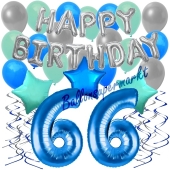 66. Geburtstag Dekorations-Set mit Ballons Happy Birthday Blue, 34 Teile