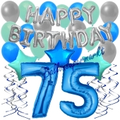 75. Geburtstag Dekorations-Set mit Ballons Happy Birthday Blue, 34 Teile