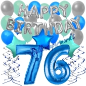 76. Geburtstag Dekorations-Set mit Ballons Happy Birthday Blue, 34 Teile