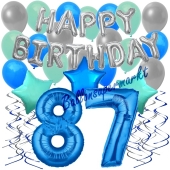 87. Geburtstag Dekorations-Set mit Ballons Happy Birthday Blue, 34 Teile