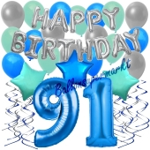 91. Geburtstag Dekorations-Set mit Ballons Happy Birthday Blue, 34 Teile