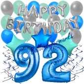 92. Geburtstag Dekorations-Set mit Ballons Happy Birthday Blue, 34 Teile