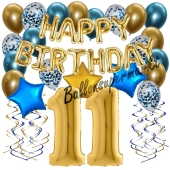Dekorations-Set mit Ballons zum 11. Geburtstag, Happy Birthday Chrome Blue & Gold, 34 Teile