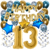 Dekorations-Set mit Ballons zum 13. Geburtstag, Happy Birthday Chrome Blue & Gold, 34 Teile