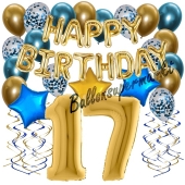 Dekorations-Set mit Ballons zum 17. Geburtstag, Happy Birthday Chrome Blue & Gold, 34 Teile