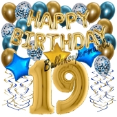 Dekorations-Set mit Ballons zum 19. Geburtstag, Happy Birthday Chrome Blue & Gold, 34 Teile