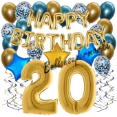 Dekorations-Set mit Ballons zum 20. Geburtstag, Happy Birthday Chrome Blue & Gold, 34 Teile