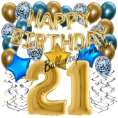 Dekorations-Set mit Ballons zum 21. Geburtstag, Happy Birthday Chrome Blue & Gold, 34 Teile
