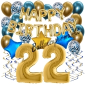 Dekorations-Set mit Ballons zum 22. Geburtstag, Happy Birthday Chrome Blue & Gold, 34 Teile
