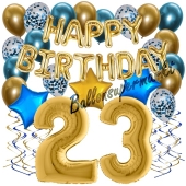 Dekorations-Set mit Ballons zum 23. Geburtstag, Happy Birthday Chrome Blue & Gold, 34 Teile