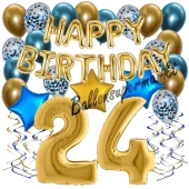 Dekorations-Set mit Ballons zum 24. Geburtstag, Happy Birthday Chrome Blue & Gold, 34 Teile