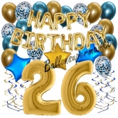 Dekorations-Set mit Ballons zum 26. Geburtstag, Happy Birthday Chrome Blue & Gold, 34 Teile