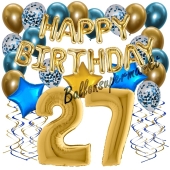 Dekorations-Set mit Ballons zum 27. Geburtstag, Happy Birthday Chrome Blue & Gold, 34 Teile